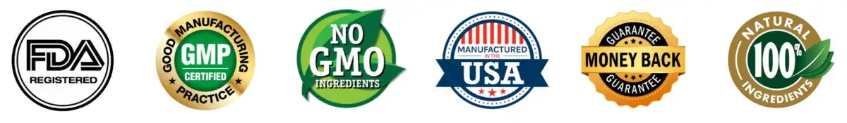FDA registered, GMP certified, non-GMO, made in the USA, money-back guarantee, 100% natural ingredients